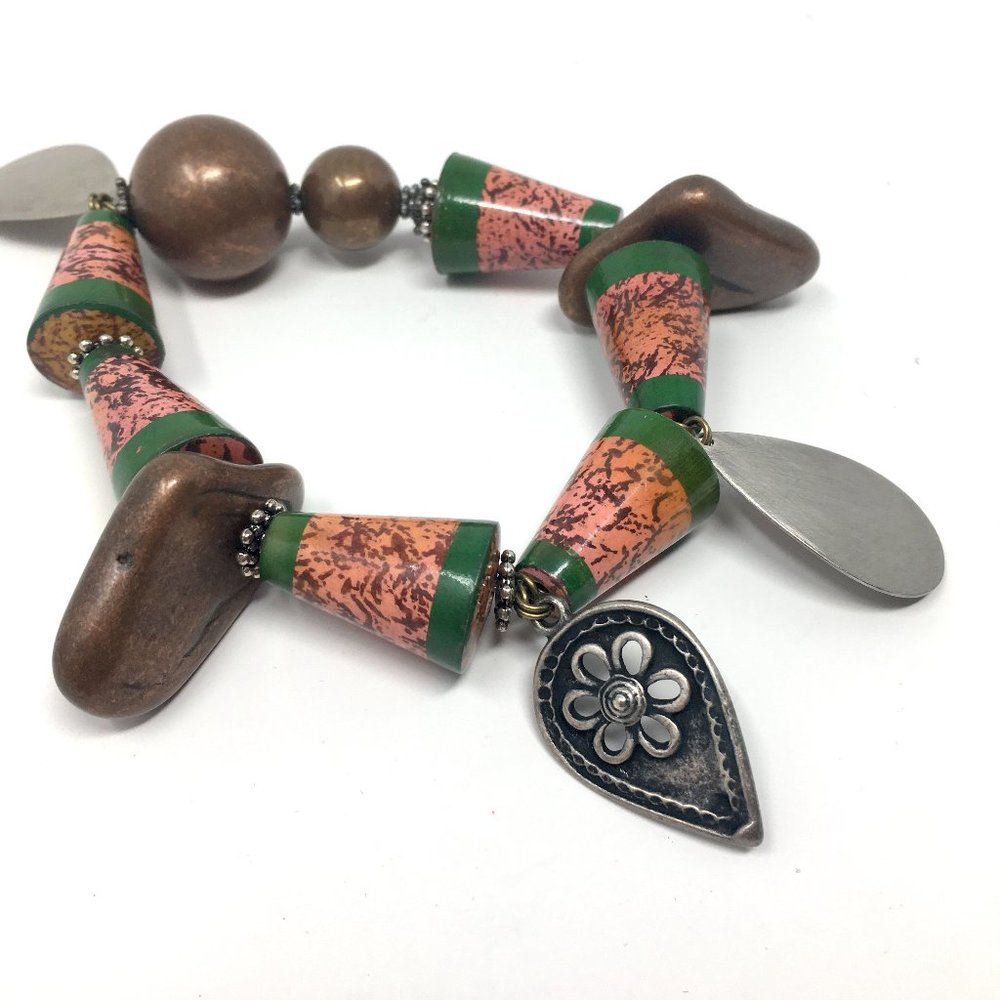 Vintage Antique Copper Pink Painted Wood Cone Steel Dangle Stretch Bracelet